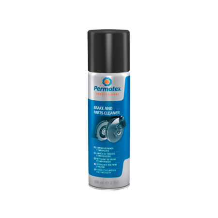 nvase de Permatex Brake and Parts Cleaner de 500 ml, limpiador profesional de frenos y piezas metálicas con tapón negro y etiqueta azul.