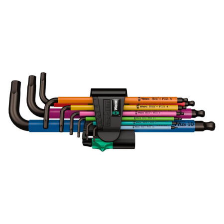 Juego de llaves acodadas métricas Wera 950/9 Hex-Plus Multicolour 1, con nueve piezas de diferentes tamaños, funda ergonómica y sistema de identificación por colores.