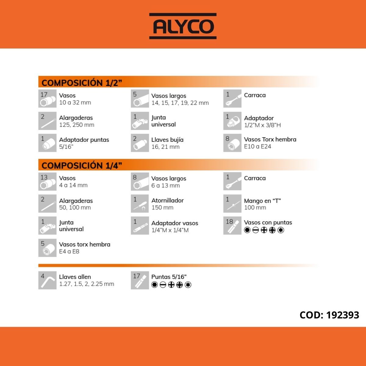 ALYCO ORANGE 192393 Juego de llaves de vaso 1/2" y 1/4" 110 piezas - Imagen 3