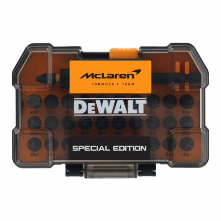 Juego de puntas DeWALT DT70900T-QZ edición McLaren en estuche compacto con tapa transparente.