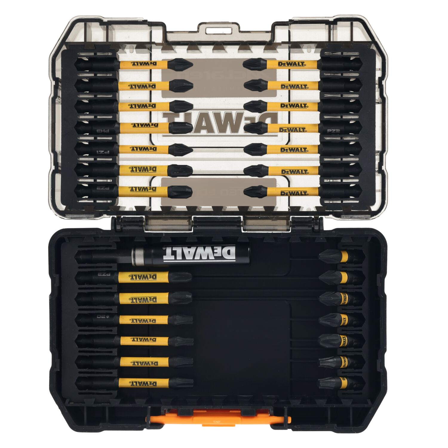 Estuche abierto con puntas FLEXTORQ de 25 mm y 57 mm y portapuntas magnético extensible.