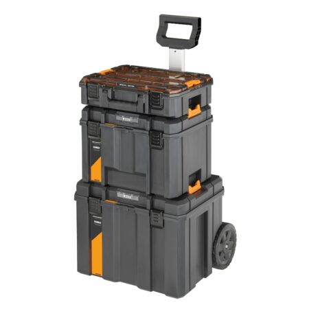 Torre DeWALT DWST60452-1 TSTAK McLaren con módulos apilados y ruedas de gran diámetro.