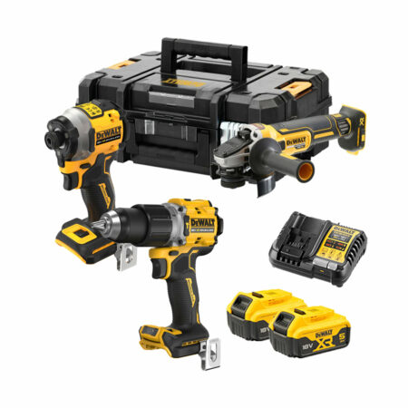 Kit DeWalt XR 18V versión P2T con taladro percutor DCD805, atornillador de impacto DCF850 y amoladora angular DCG405, dos baterías DCB184 5.0Ah, cargador multivoltaje y dos maletines TSTAK