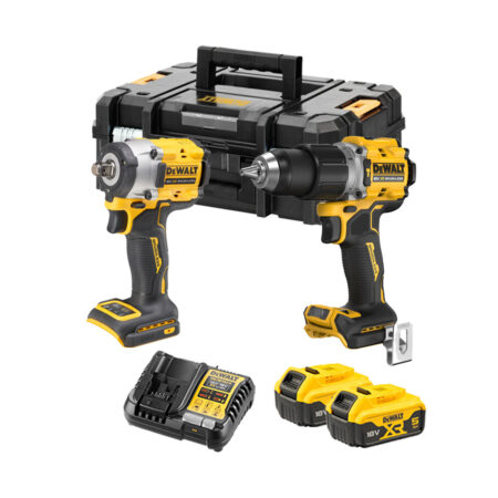 Kit DeWalt XR 18V con taladro percutor DCD805 y llave de impacto compacta DCF921, dos baterías DCB184 5.0Ah, cargador multivoltaje y maletín TSTAK