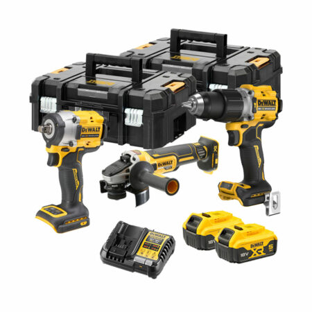 Kit DeWalt XR 18V versión P2T con taladro percutor DCD805, llave de impacto compacta DCF921 y amoladora angular DCG405, dos baterías DCB184 5.0Ah, cargador multivoltaje y dos maletines TSTAK
