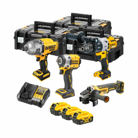 Kit DeWalt XR 18V con taladro percutor DCD996, llave de impacto compacta DCF921, llave de impacto alto par DCF900 y amoladora angular DCG405, tres baterías DCB184 5.0Ah y cargador multivoltaje