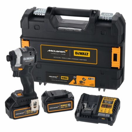Kit DeWALT DCF85MP2T-QW con atornillador de impacto McLaren, 2 baterías XR 5 Ah, cargador XR y maletín TSTAK