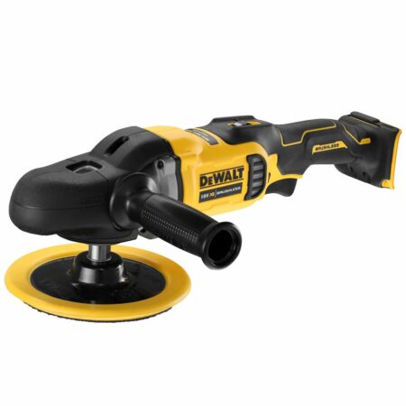 Pulidora rotativa DeWALT DCM849N-XJ XR 18V de 180 mm, vista lateral con empuñadura auxiliar montada