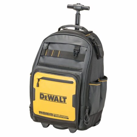 Mochila DEWALT DWST60101-1 con ruedas vista frontal, mostrando estructura reforzada y múltiples bolsillos.