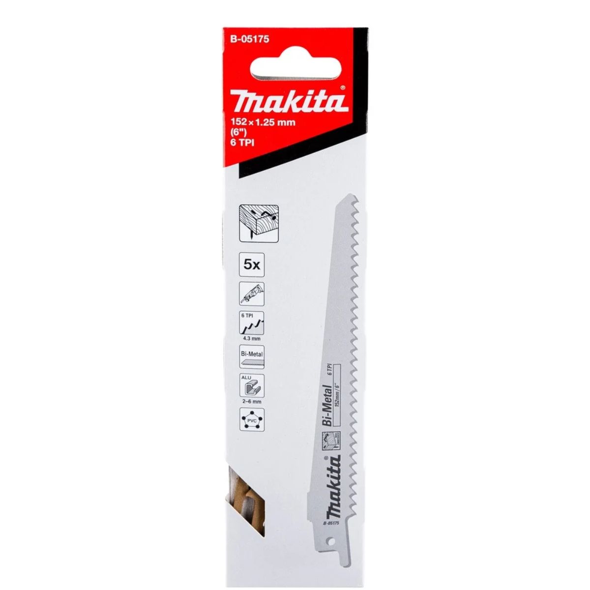 Makita B-05175 Pack de 5 Hojas de Sierra de Sable Bi-Metal 152 mm 6 TPI - Imagen 2