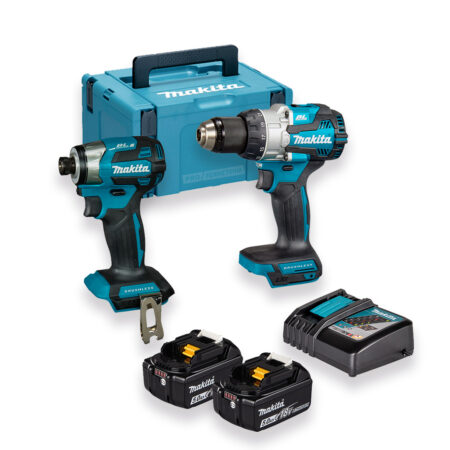 Kit Makita DLX2528TJ con taladro percutor DHP489, atornillador de impacto DTD173, dos baterías, cargador rápido y maletín Makpac