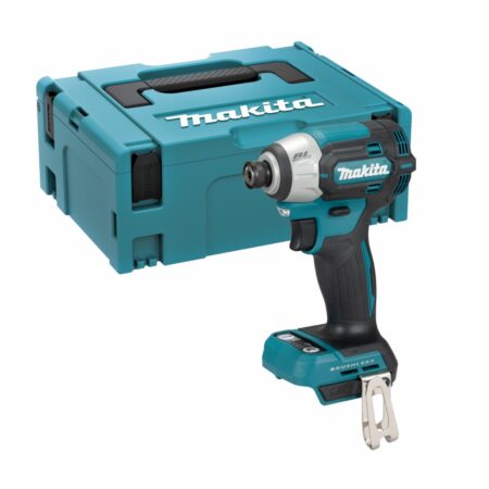 Makita DTD201ZJ atornillador de impacto LXT 18V Brushless 210 Nm con maletín Makpac tipo 2, vista conjunta sobre fondo neutro