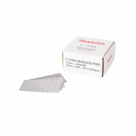 makita-f-31854-clavos-pin-35mm.jpg" alt="Makita F-31854 caja de 10.000 clavos tipo pin de 0,6 x 35 mm calibre 23 Ga en acero galvanizado para clavadora de acabado