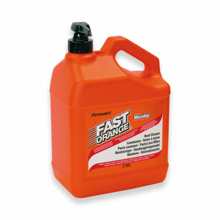 Limpiador lavamanos natural Permatex Fast Orange 3,78 L, con aroma cítrico y aloe vera, ideal para eliminar grasa, pintura y suciedad de manos.