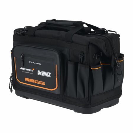 Bolsa DeWalt DWST60104-9 Edición McLaren F1 abierta mostrando el acceso total a los compartimentos
