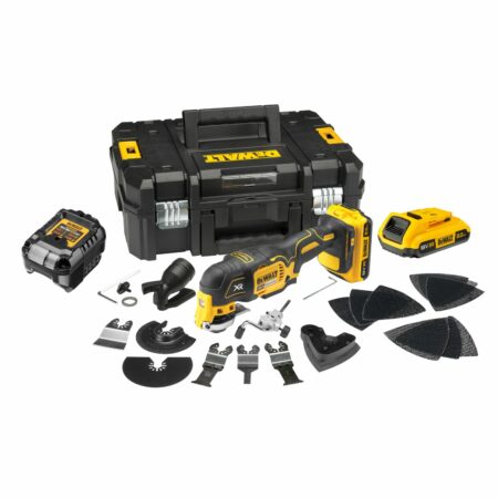 Multiherramienta oscilante Dewalt DCS355D2 18V XR con motor sin escobillas, dos baterías 2,0 Ah, cargador DCB1102 y maletín TSTAK.