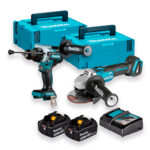 Kit combinado Makita 18V ideal para profesionales que necesitan rendimiento sin depender del cable. Incluye un taladro percutor potente (DHP492) y una amoladora compacta (DGA504), ambos con motor sin escobillas, más dos baterías de 5.0 Ah, cargador rápido y maletines Makpac. Robusto, práctico y listo para faena dura