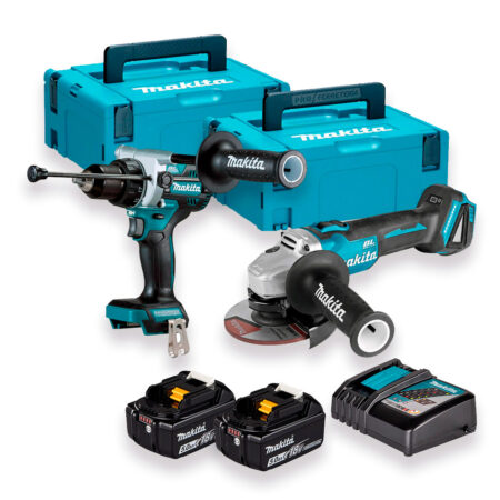 Kit combinado Makita 18V ideal para profesionales que necesitan rendimiento sin depender del cable. Incluye un taladro percutor potente (DHP492) y una amoladora compacta (DGA504), ambos con motor sin escobillas, más dos baterías de 5.0 Ah, cargador rápido y maletines Makpac. Robusto, práctico y listo para faena dura