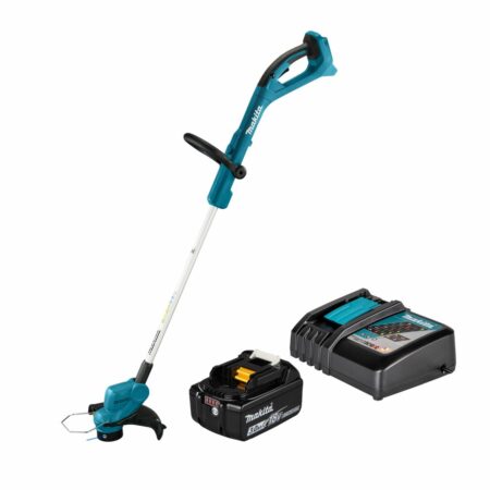 Makita DUR193RF cortabordes LXT 18V con batería 3,0 Ah y cargador sobre fondo neutro