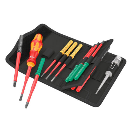 Juego de destornilladores Wera Kraftform Kompakt VDE 16 Extra Slim 1 con estuche, mango ergonómico y hojas intercambiables para trabajos eléctricos seguros.