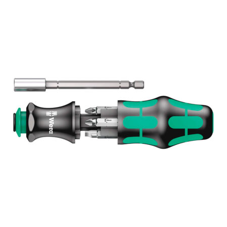 Juego de destornillador Wera Kraftform Kompakt 28 SB con mango ergonómico, varilla telescópica y seis puntas intercambiables para trabajos manuales y con máquina.
