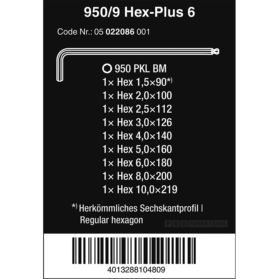 Wera 05073596001 Juego de llaves hexagonales Hex-Plus 950 PKL/9 BM SB de  alto par con extremo de bola